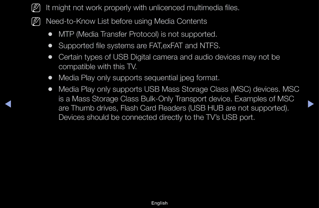 Samsung LT31D310EX/EN, LT31D310EW/EN, LT31D310EW/XU manual Devices should be connected directly to the TV’s USB port 