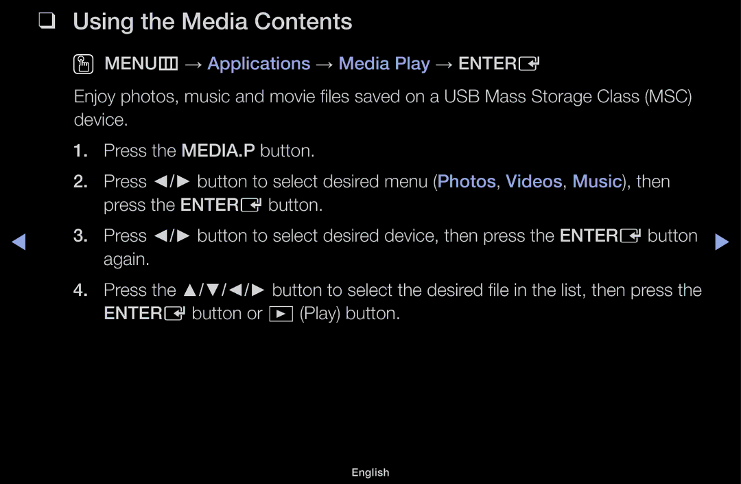 Samsung LT31D310EW/EN, LT31D310EX/EN, LT31D310EW/XU manual Using the Media Contents 