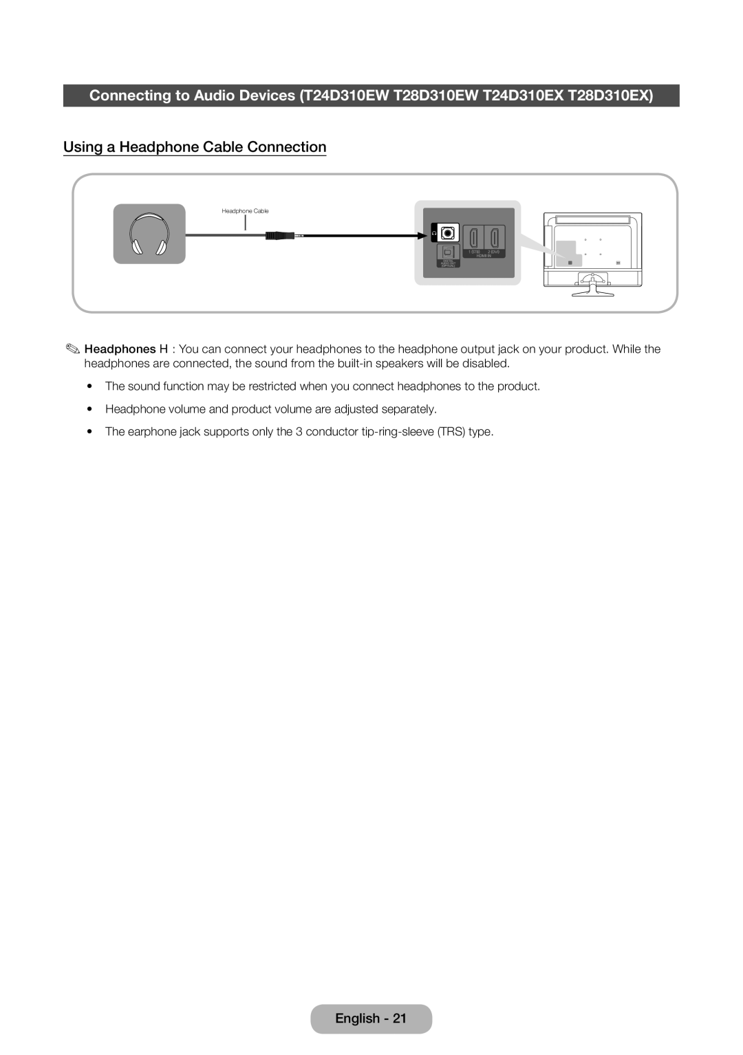 Samsung LT31D310EW/EN, LT31D310EX/EN, LT31D310EW/XU manual Using a Headphone Cable Connection 