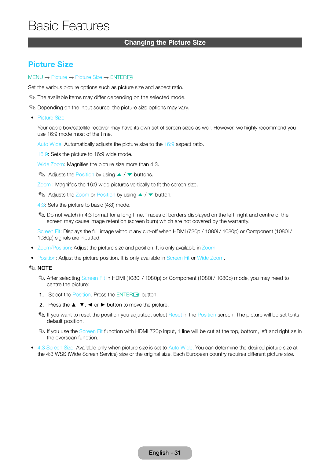 Samsung LT31D310EX/EN, LT31D310EW/EN, LT31D310EW/XU Changing the Picture Size, Menu → Picture → Picture Size → Entere 