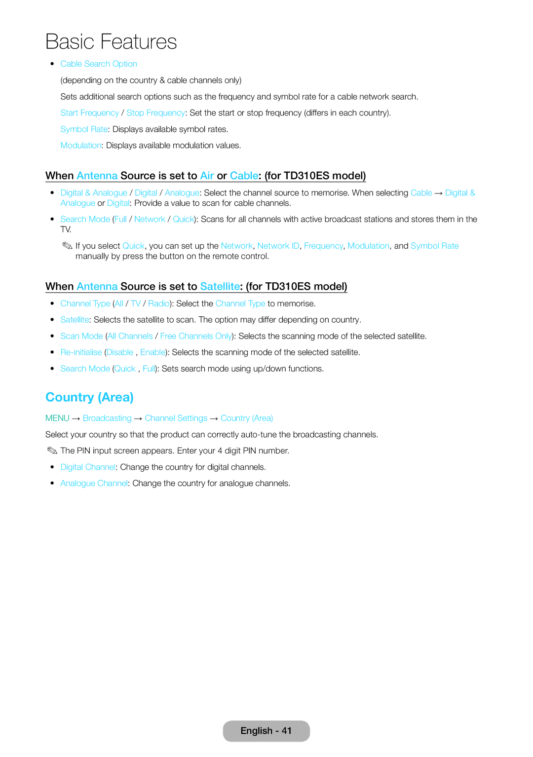 Samsung LT31D310EW/XU manual Country Area, When Antenna Source is set to Satellite for TD310ES model, Cable Search Option 