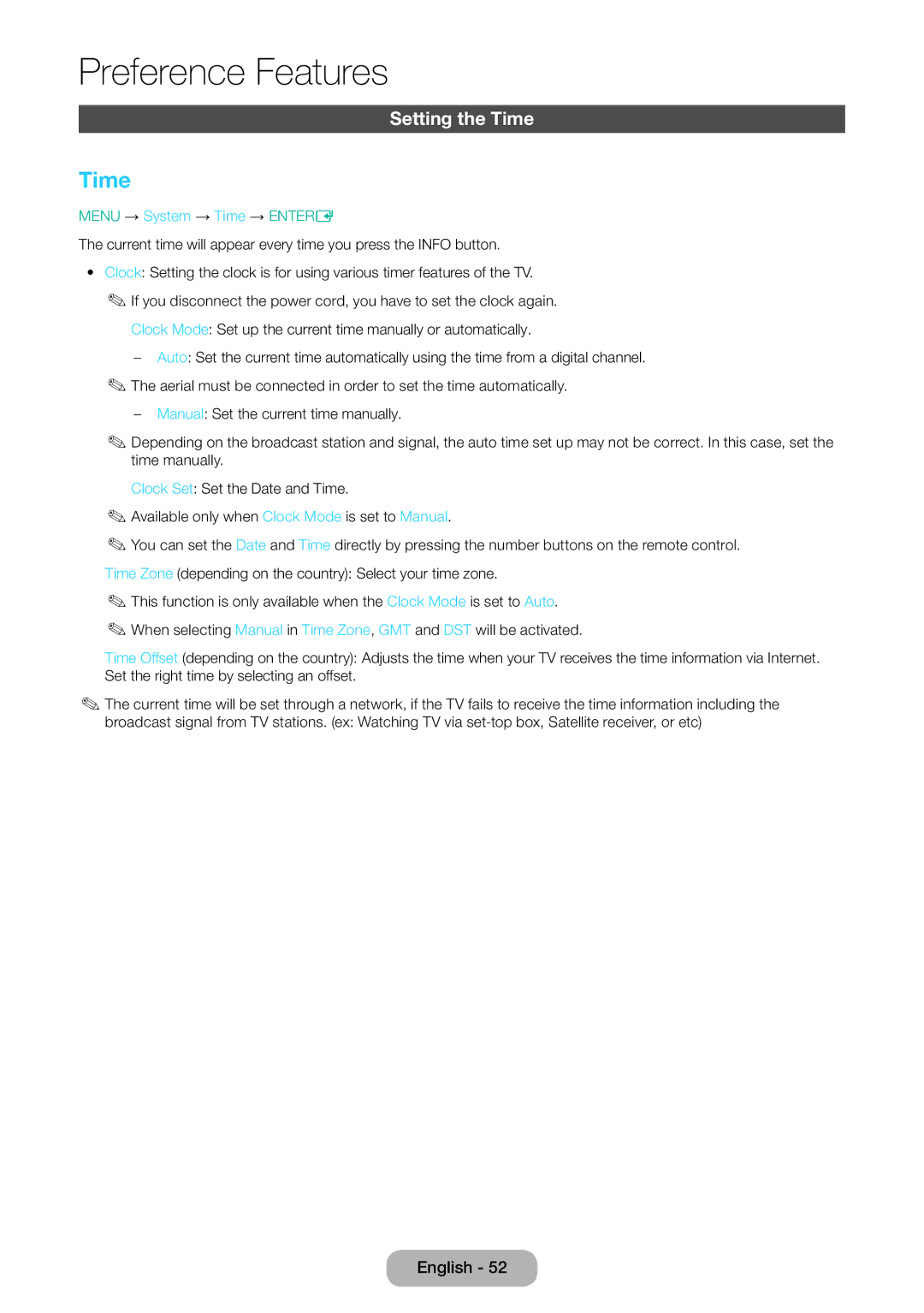 Samsung LT31D310EX/EN, LT31D310EW/EN, LT31D310EW/XU manual Setting the Time, Menu → System → Time → Entere 