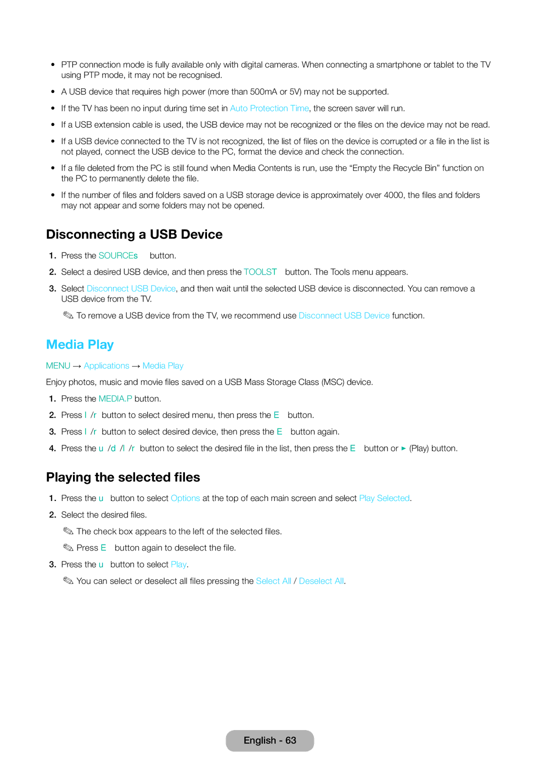 Samsung LT31D310EW/EN manual Disconnecting a USB Device, Playing the selected files, Menu → Applications → Media Play 