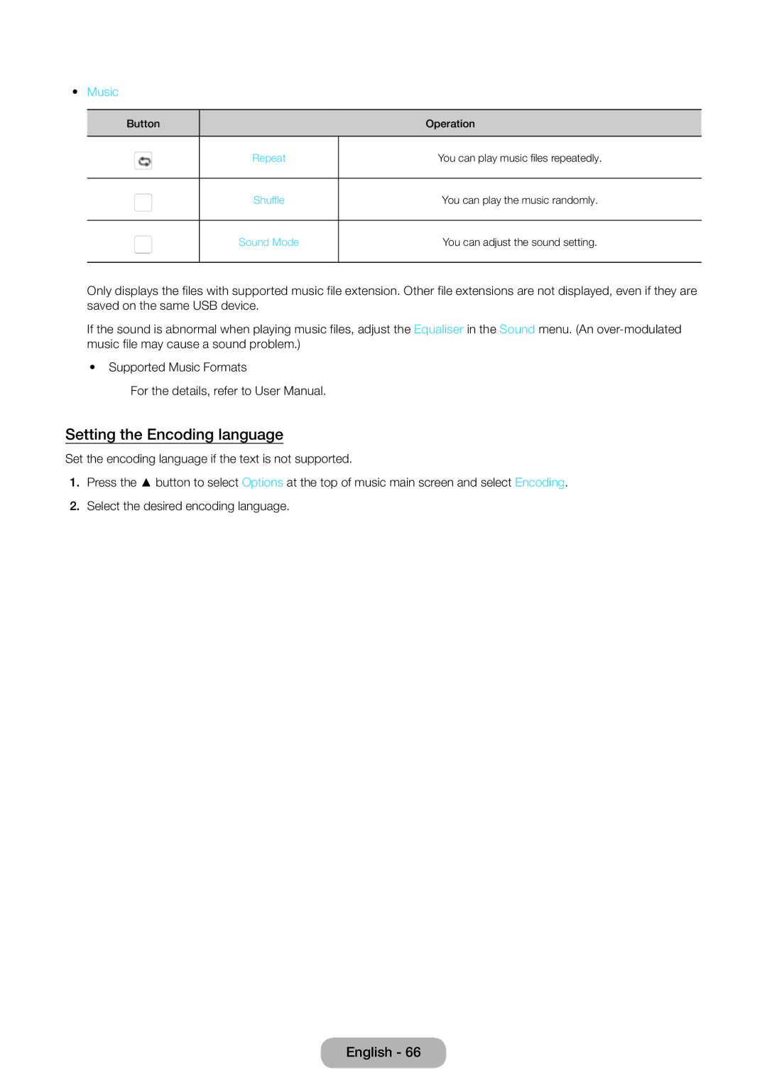 Samsung LT31D310EW/EN, LT31D310EX/EN, LT31D310EW/XU manual Setting the Encoding language, Music 