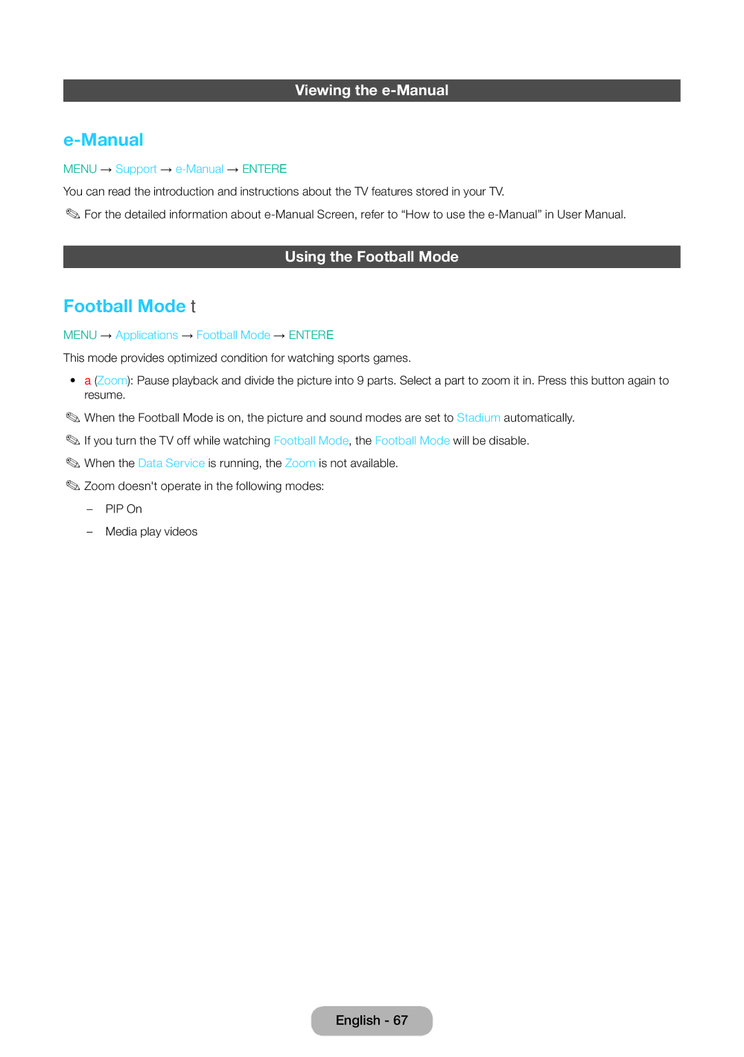 Samsung LT31D310EX/EN, LT31D310EW/EN, LT31D310EW/XU manual Football Mode t, Viewing the e-Manual, Using the Football Mode 