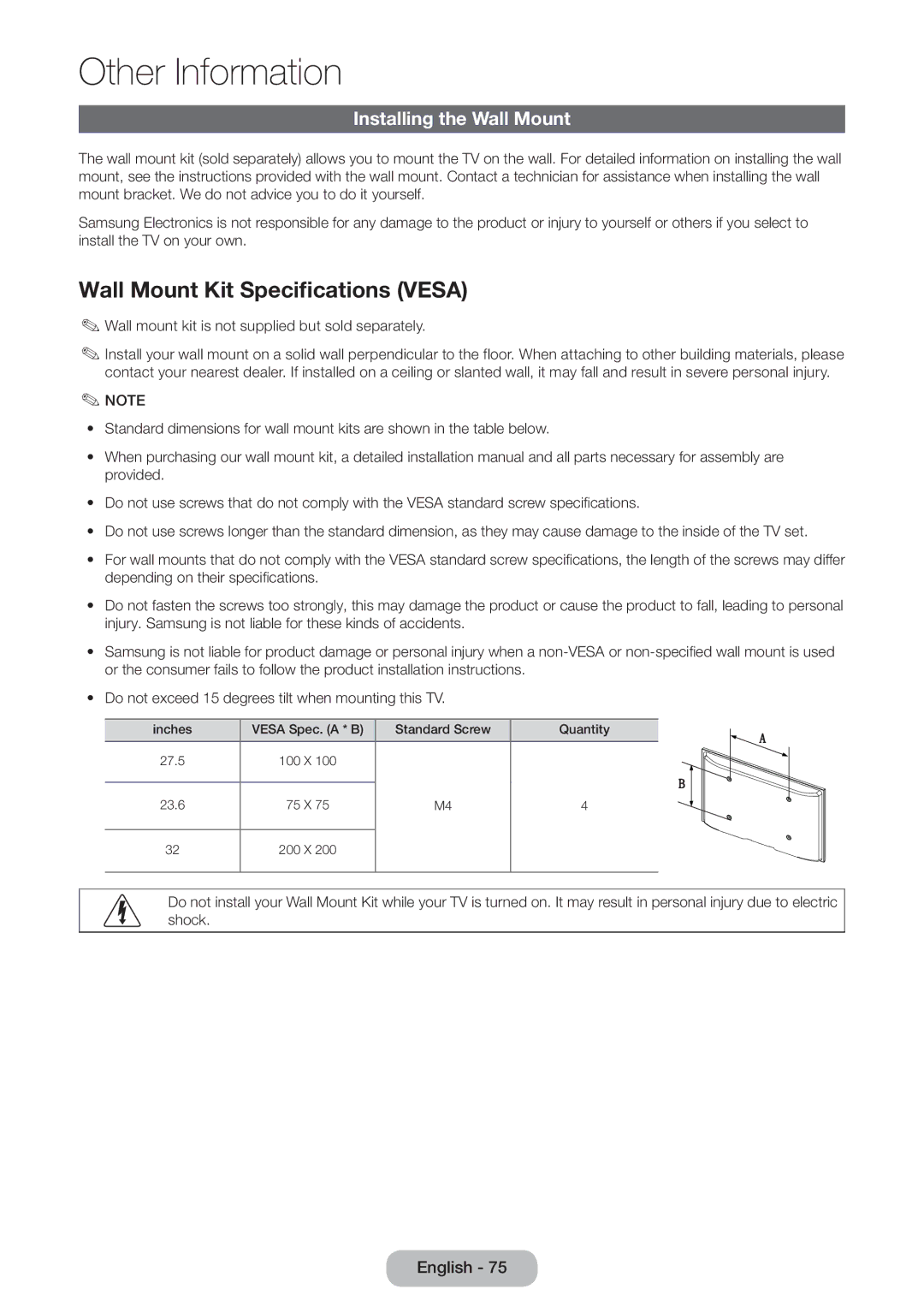 Samsung LT31D310EW/EN, LT31D310EX/EN, LT31D310EW/XU manual Wall Mount Kit Specifications Vesa, Installing the Wall Mount 