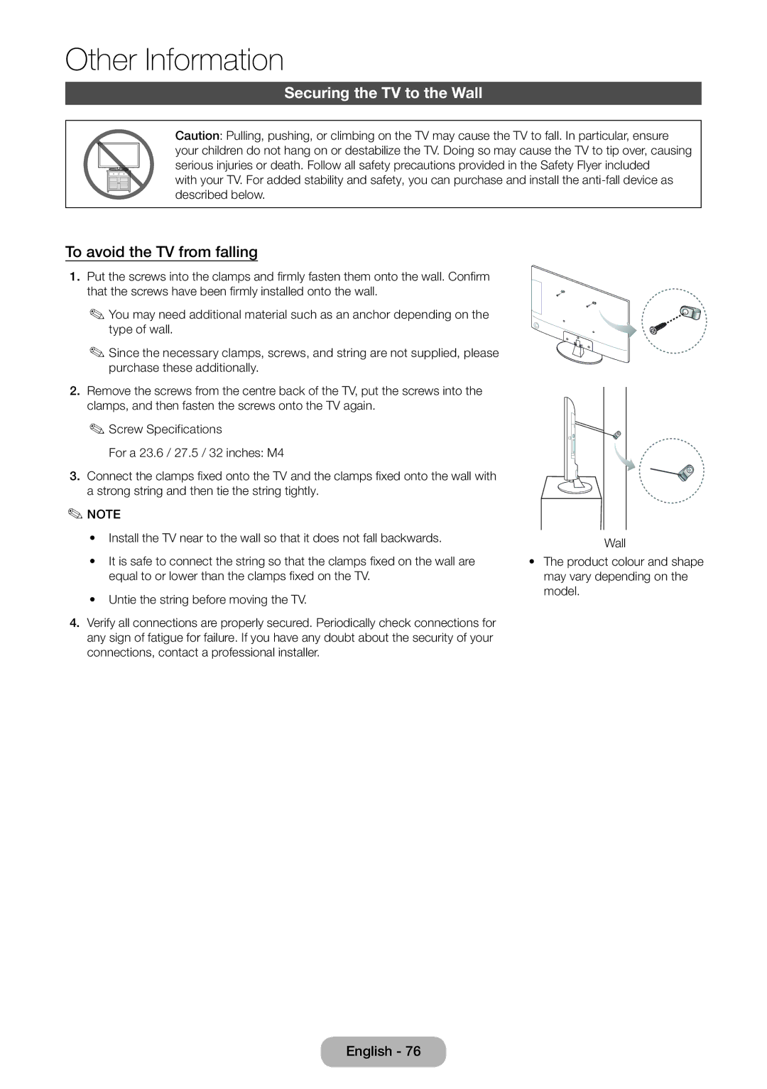 Samsung LT31D310EX/EN, LT31D310EW/EN, LT31D310EW/XU manual Securing the TV to the Wall, To avoid the TV from falling 