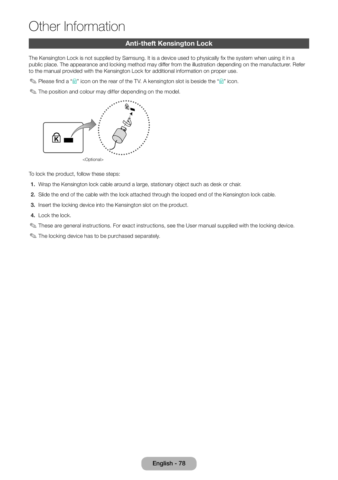 Samsung LT31D310EW/EN, LT31D310EX/EN, LT31D310EW/XU manual Anti-theft Kensington Lock 