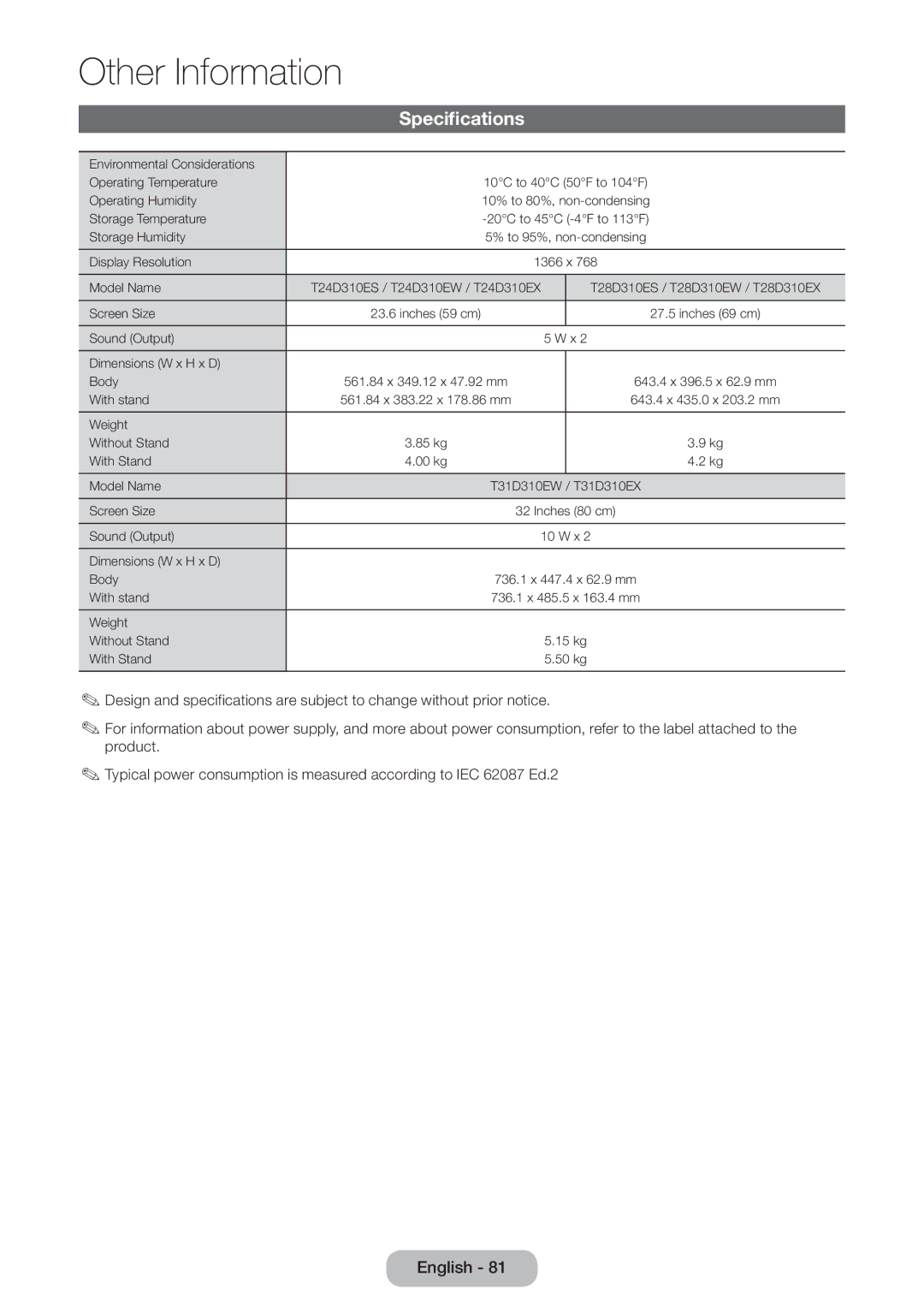 Samsung LT31D310EW/EN, LT31D310EX/EN, LT31D310EW/XU manual Specifications 