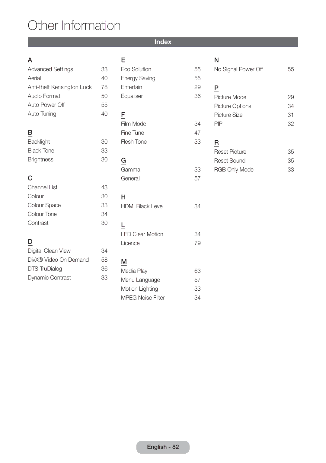 Samsung LT31D310EX/EN, LT31D310EW/EN, LT31D310EW/XU manual Index, Pip 