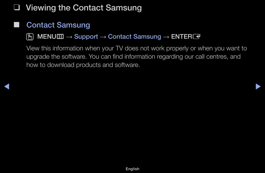 Samsung LT31D310EW/EN, LT31D310EX/EN Viewing the Contact Samsung, OO MENUm → Support → Contact Samsung → ENTERE, English 
