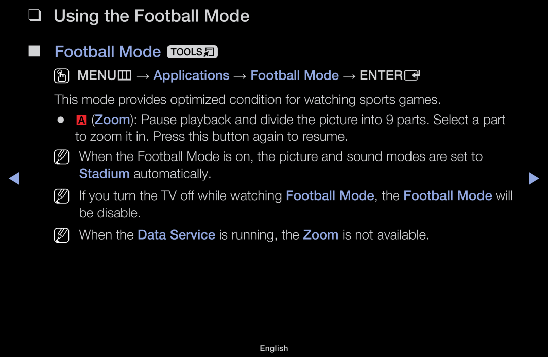 Samsung LT31D310EX/EN Using the Football Mode, Football Mode t, OO MENUm → Applications → Football Mode → ENTERE, Nn Nn 