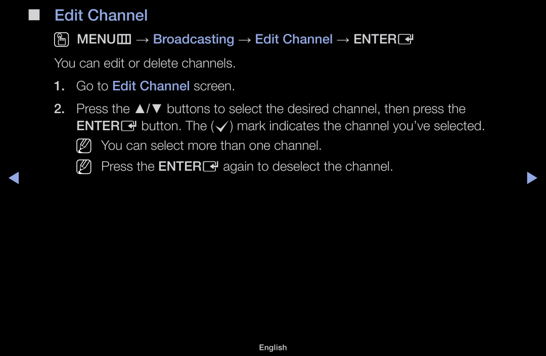 Samsung LT31D310EW/EN manual OO MENUm → Broadcasting → Edit Channel → ENTERE, You can edit or delete channels, English 