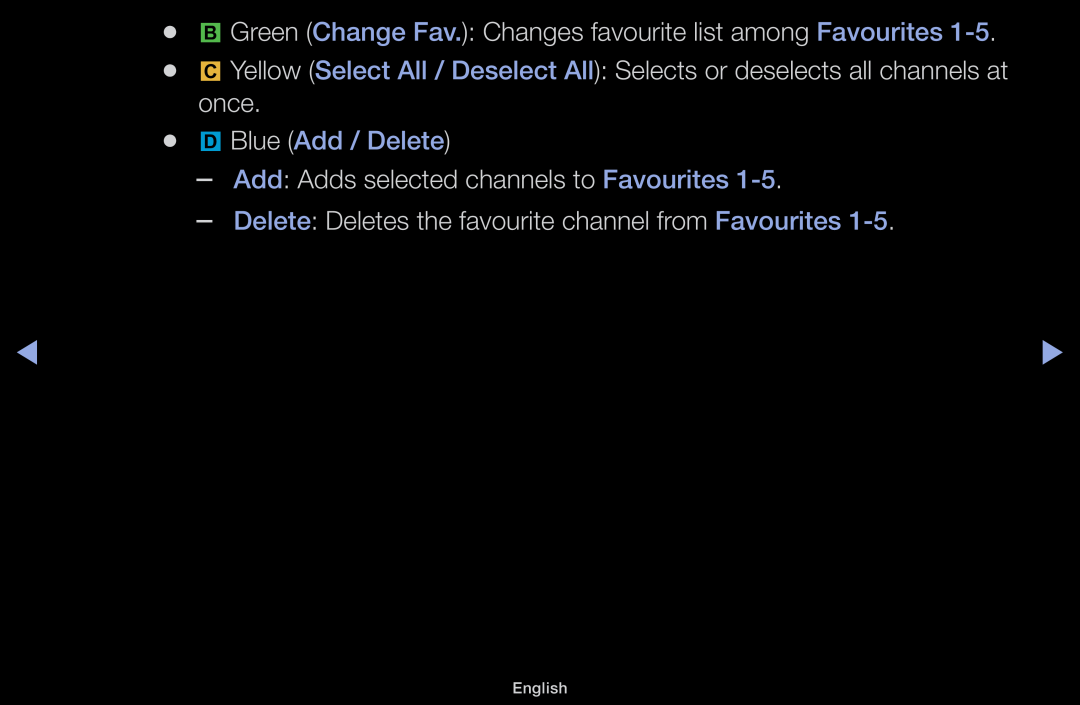 Samsung LT31D310EW/EN manual Blue Add / Delete, b Green Change Fav. Changes favourite list among Favourites, English 