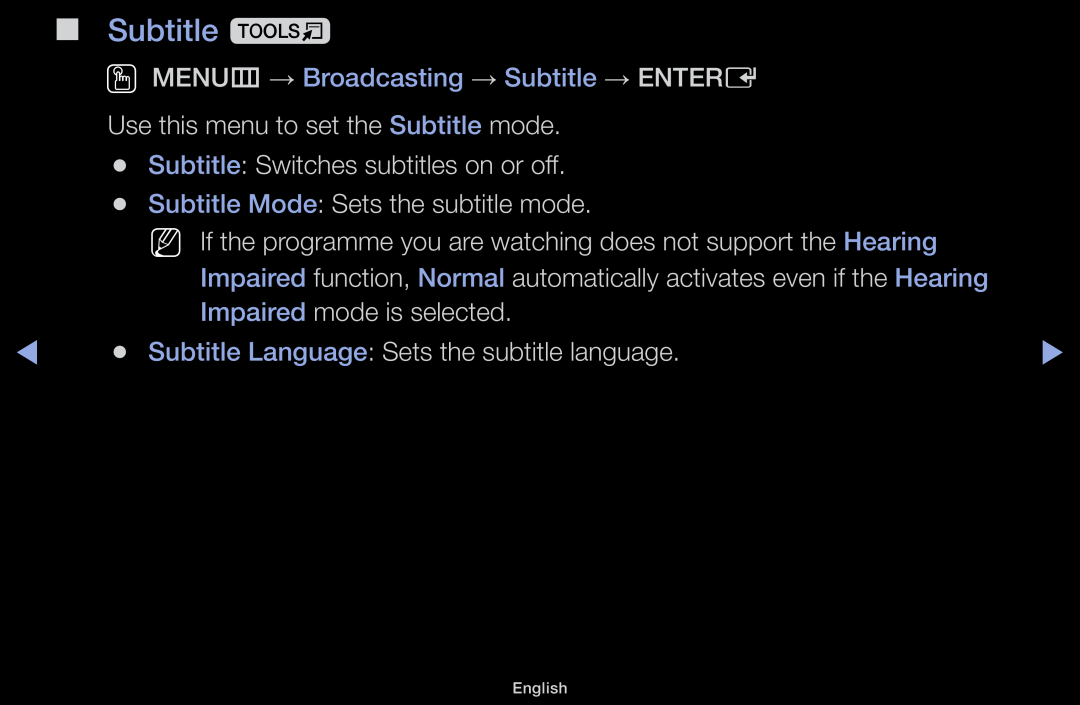 Samsung LT31D310EW/XU Subtitle t, OO MENUm → Broadcasting → Subtitle → ENTERE, Use this menu to set the Subtitle mode 