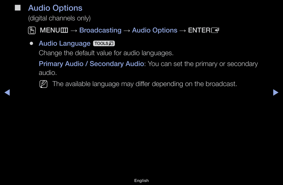 Samsung LT31D310EX/EN, LT31D310EW/EN manual OO MENUm → Broadcasting → Audio Options → ENTERE Audio Language t, English 