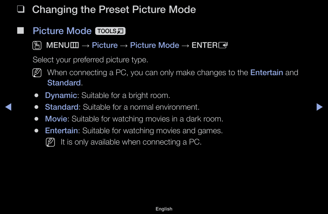 Samsung LT31D310EX/EN manual Changing the Preset Picture Mode, Picture Mode t, OO MENUm → Picture → Picture Mode → ENTERE 