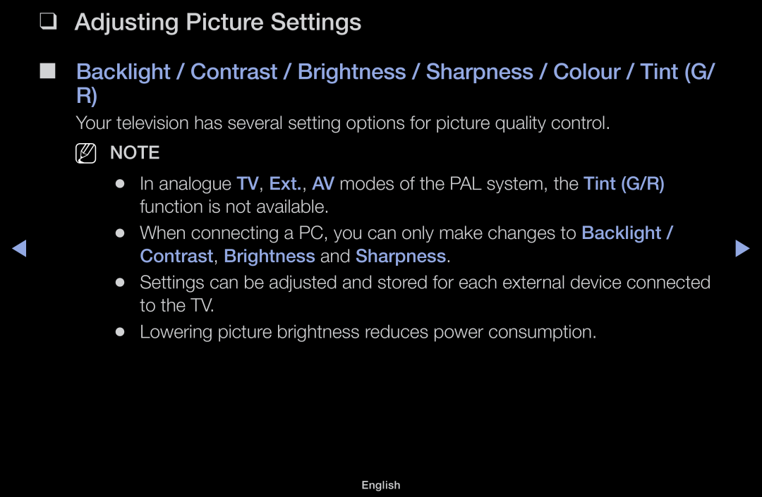 Samsung LT31D310EW/XU manual Adjusting Picture Settings, Backlight / Contrast / Brightness / Sharpness / Colour / Tint G/ R 