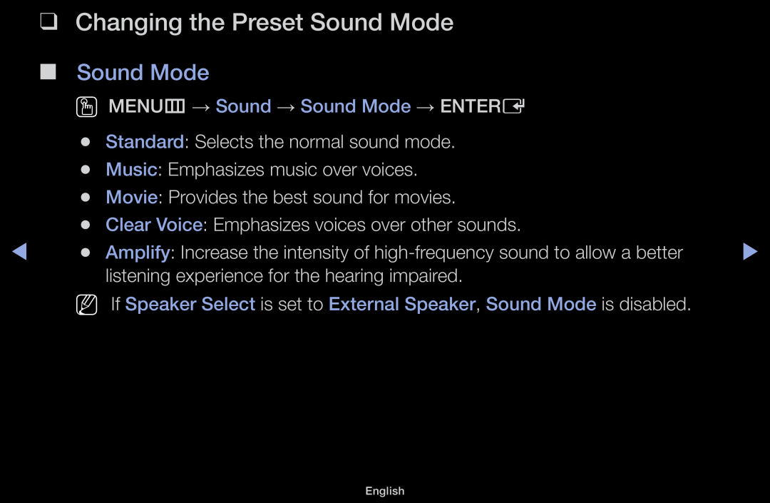 Samsung LT31D310EX/EN, LT31D310EW/EN, LT31D310EW/XU Changing the Preset Sound Mode, OO MENUm → Sound → Sound Mode → ENTERE 