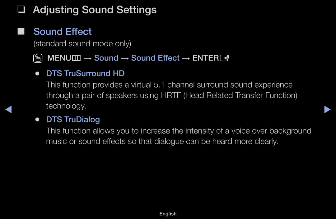 Samsung LT31D310EW/XU manual Adjusting Sound Settings, OO MENUm → Sound → Sound Effect → ENTERE, DTS TruSurround HD 