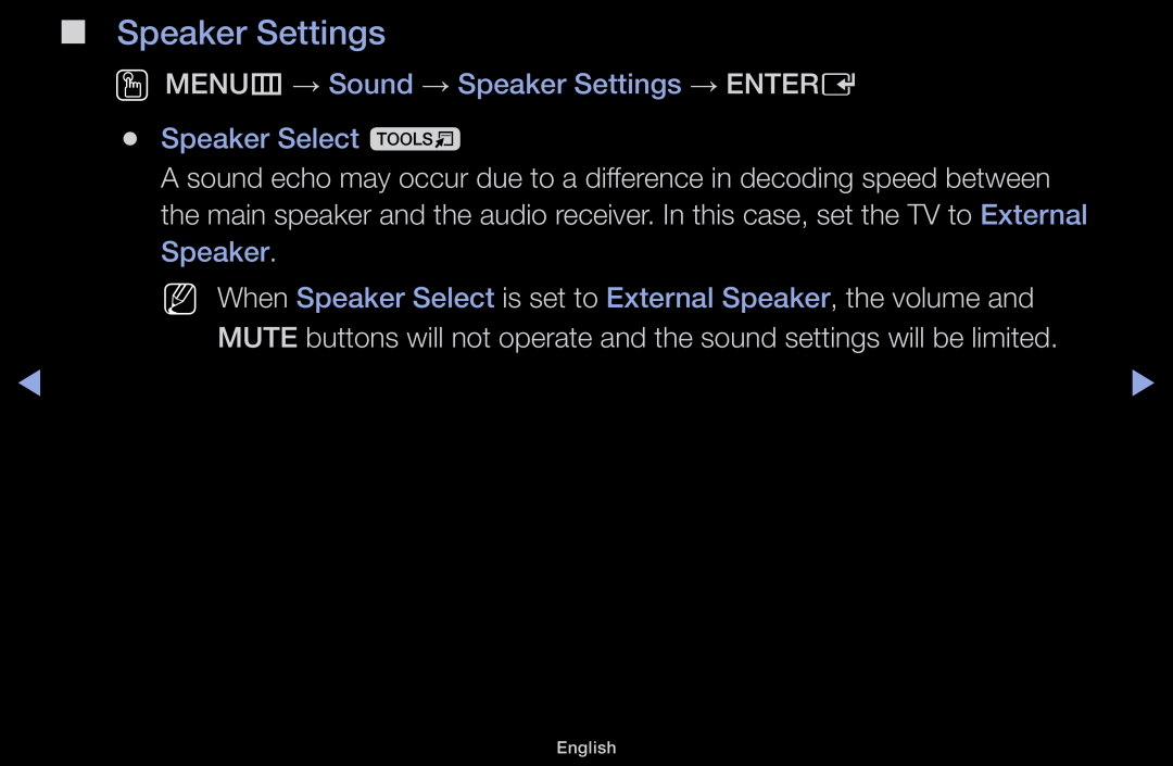 Samsung LT31D310EX/EN, LT31D310EW/EN manual OO MENUm → Sound → Speaker Settings → ENTERE Speaker Select t, English 