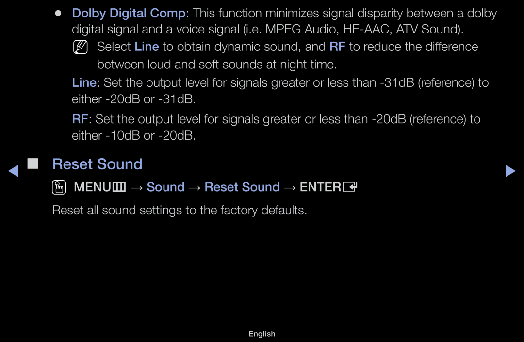 Samsung LT31D310EW/EN, LT31D310EX/EN, LT31D310EW/XU manual OO MENUm → Sound → Reset Sound → ENTERE 