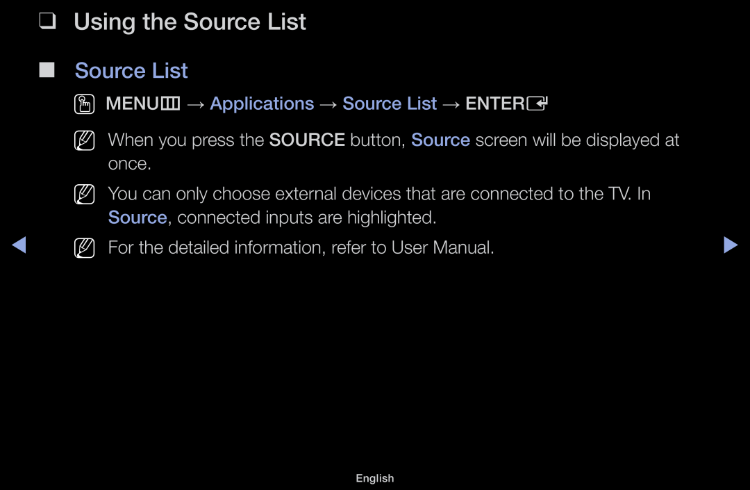 Samsung LT31D310EW/XU manual Using the Source List, OO MENUm → Applications → Source List → ENTERE, Nn Nn Nn, English 