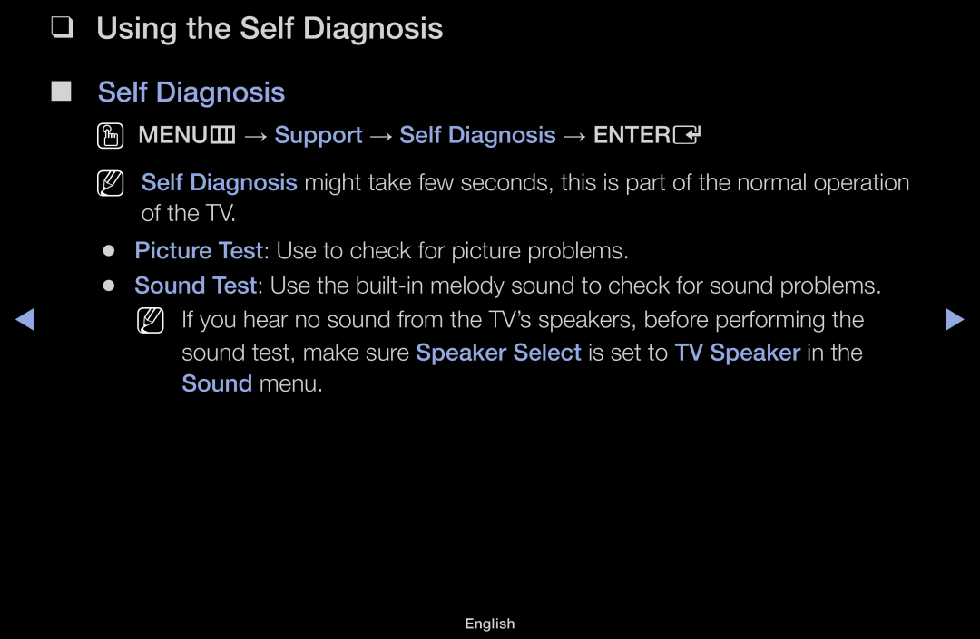 Samsung LT31D310EW/EN, LT31D310EX/EN Using the Self Diagnosis, OO MENUm → Support → Self Diagnosis → ENTERE, Sound menu 