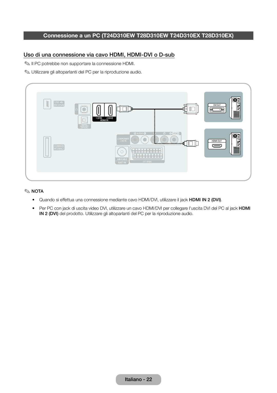 Samsung LT31D310EW/EN, LT31D310EX/EN manual Connessione a un PC T24D310EW T28D310EW T24D310EX T28D310EX 