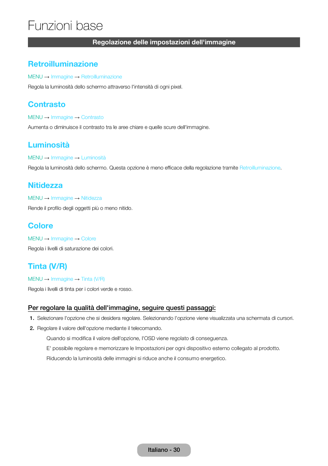 Samsung LT31D310EW/EN, LT31D310EX/EN manual Retroilluminazione, Contrasto, Luminosità, Nitidezza, Colore, Tinta V/R 
