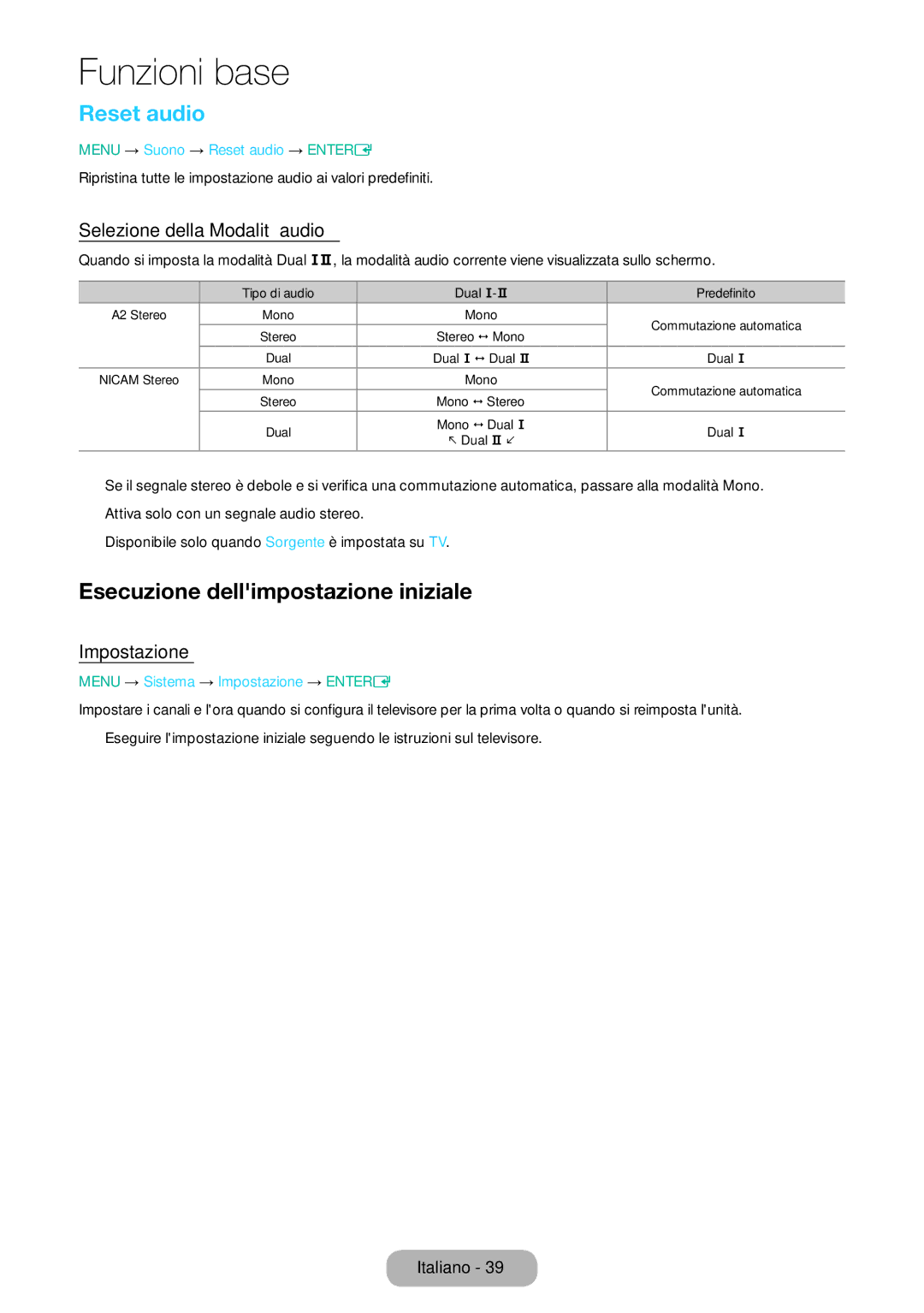 Samsung LT31D310EX/EN Reset audio, Esecuzione dellimpostazione iniziale, Selezione della Modalità audio, Impostazione 