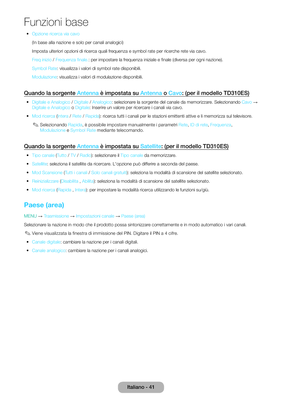 Samsung LT31D310EX/EN, LT31D310EW/EN Opzione ricerca via cavo, Menu → Trasmissione → Impostazioni canale → Paese area 