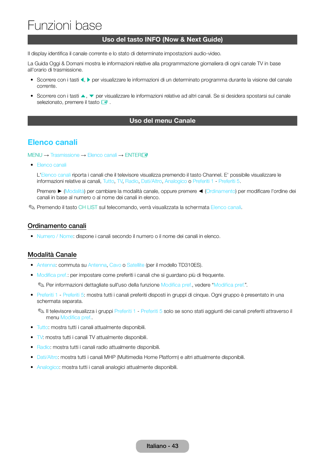 Samsung LT31D310EX/EN manual Elenco canali, Uso del tasto Info Now & Next Guide, Uso del menu Canale, Ordinamento canali 