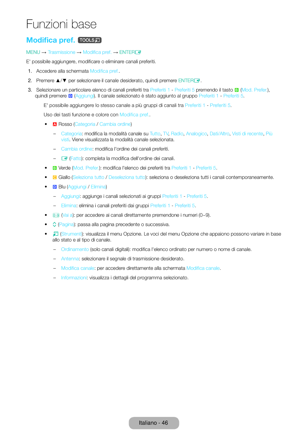 Samsung LT31D310EW/EN manual Modifica pref. t, Menu → Trasmissione → Modifica pref. → Entere, Blu Aggiungi / Elimina 