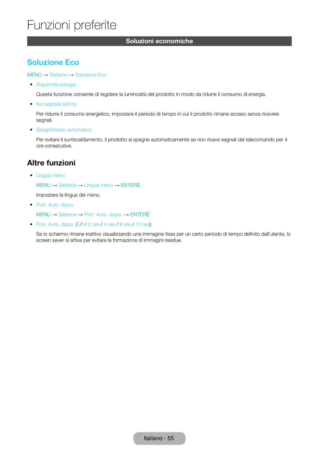 Samsung LT31D310EX/EN, LT31D310EW/EN manual Soluzione Eco, Altre funzioni, Soluzioni economiche 