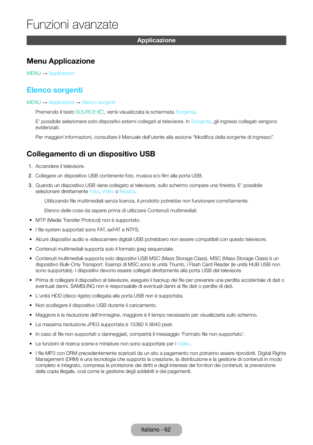 Samsung LT31D310EW/EN, LT31D310EX/EN manual Menu Applicazione, Elenco sorgenti, Collegamento di un dispositivo USB 