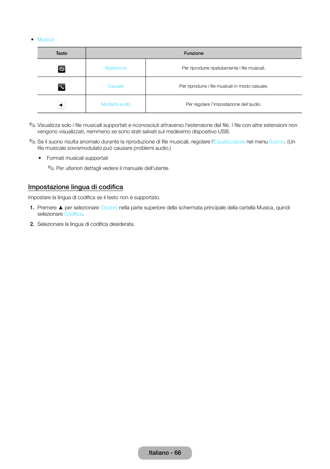 Samsung LT31D310EW/EN, LT31D310EX/EN manual Impostazione lingua di codifica, Musica 