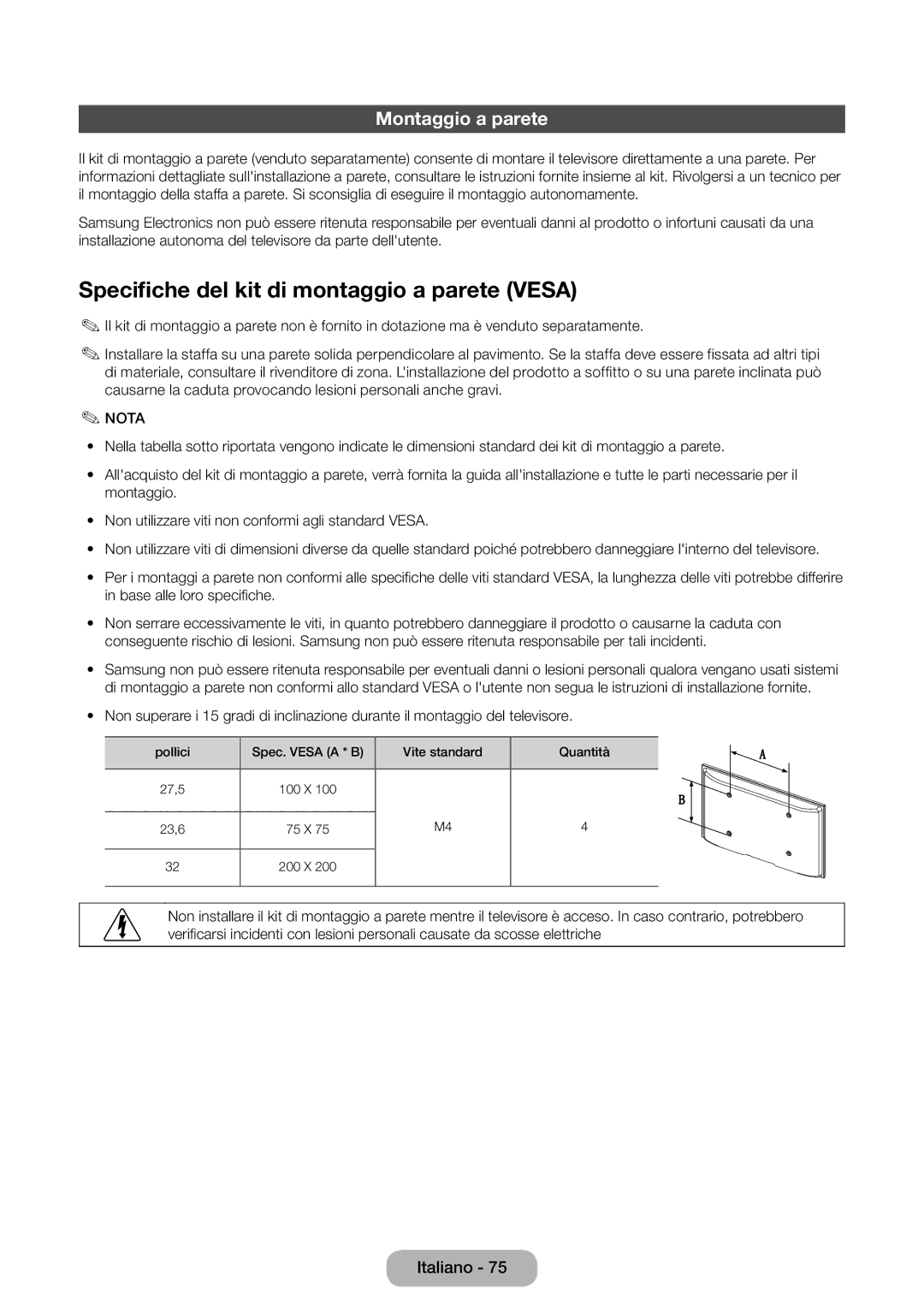 Samsung LT31D310EX/EN, LT31D310EW/EN manual Specifiche del kit di montaggio a parete Vesa, Montaggio a parete 