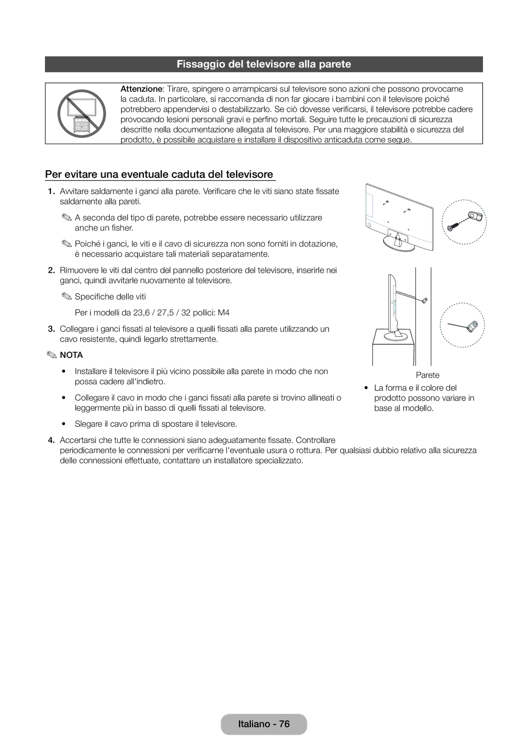 Samsung LT31D310EW/EN, LT31D310EX/EN Fissaggio del televisore alla parete, Per evitare una eventuale caduta del televisore 