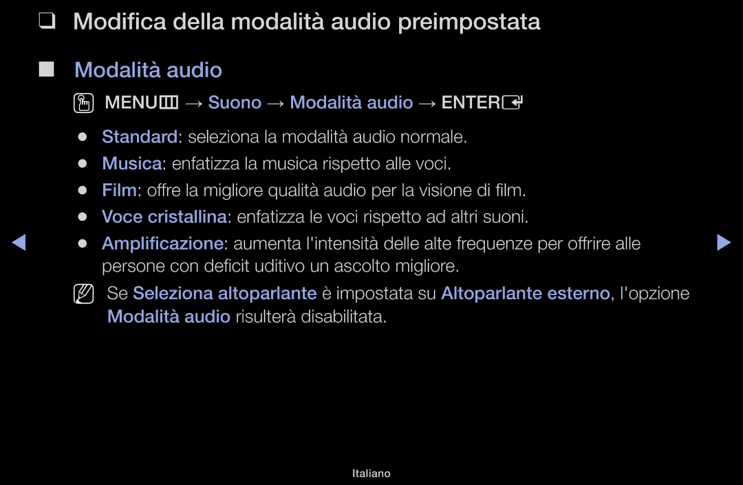 Samsung LT31D310EX/EN, LT31D310EW/EN manual Modifica della modalità audio preimpostata, Modalità audio 