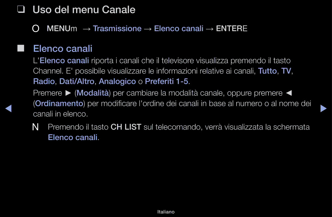 Samsung LT31D310EW/EN, LT31D310EX/EN manual Uso del menu Canale, Elenco canali 