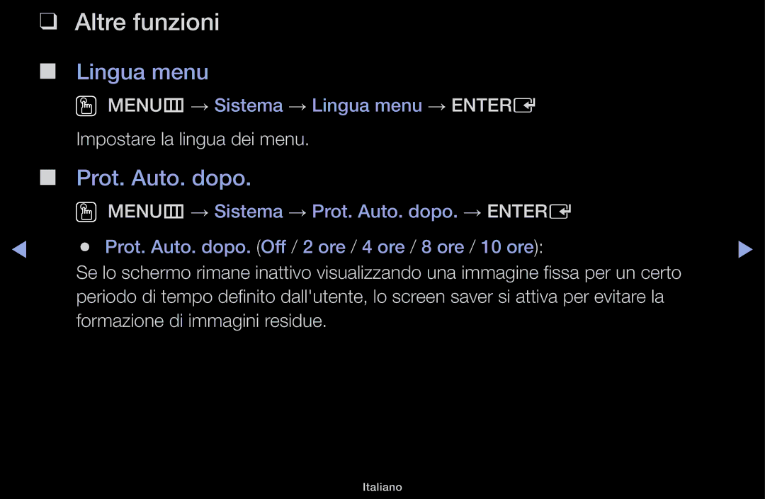 Samsung LT31D310EW/EN, LT31D310EX/EN manual Lingua menu, Prot. Auto. dopo 