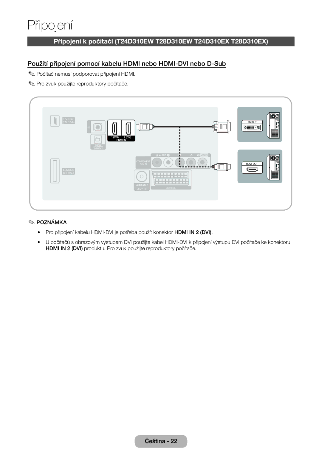 Samsung LT31D310EW/EN, LT31D310EX/EN manual Připojení k počítači T24D310EW T28D310EW T24D310EX T28D310EX 