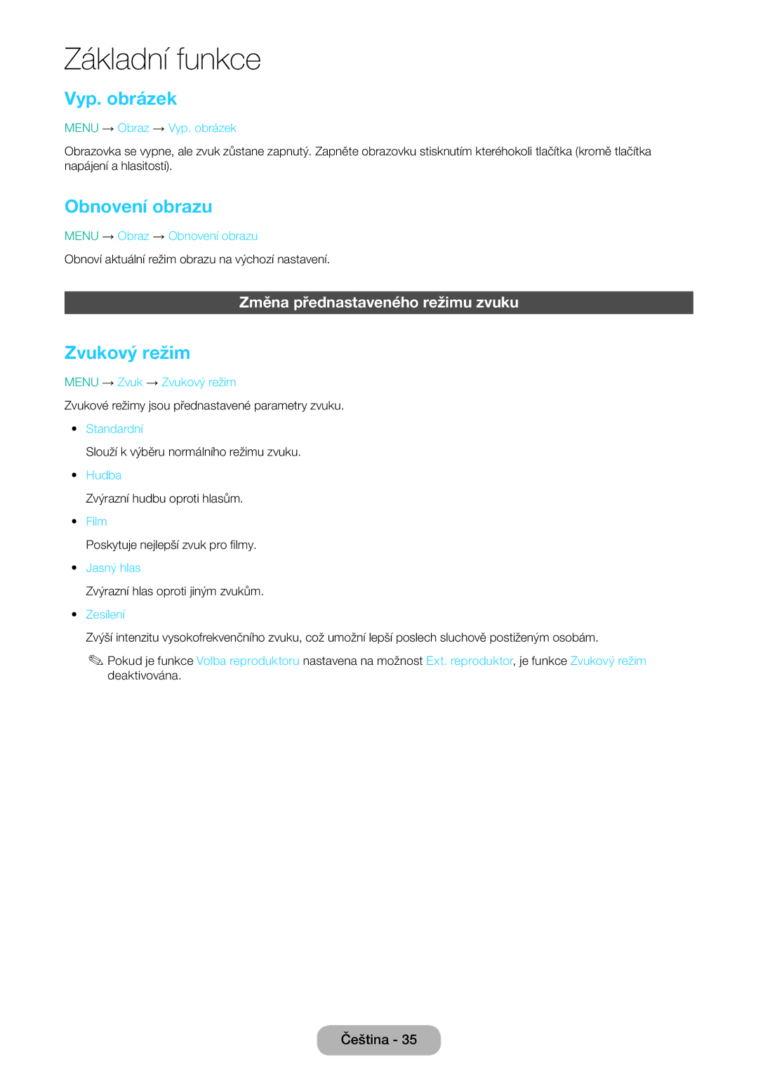 Samsung LT31D310EX/EN, LT31D310EW/EN manual Vyp. obrázek, Obnovení obrazu, Zvukový režim, Změna přednastaveného režimu zvuku 