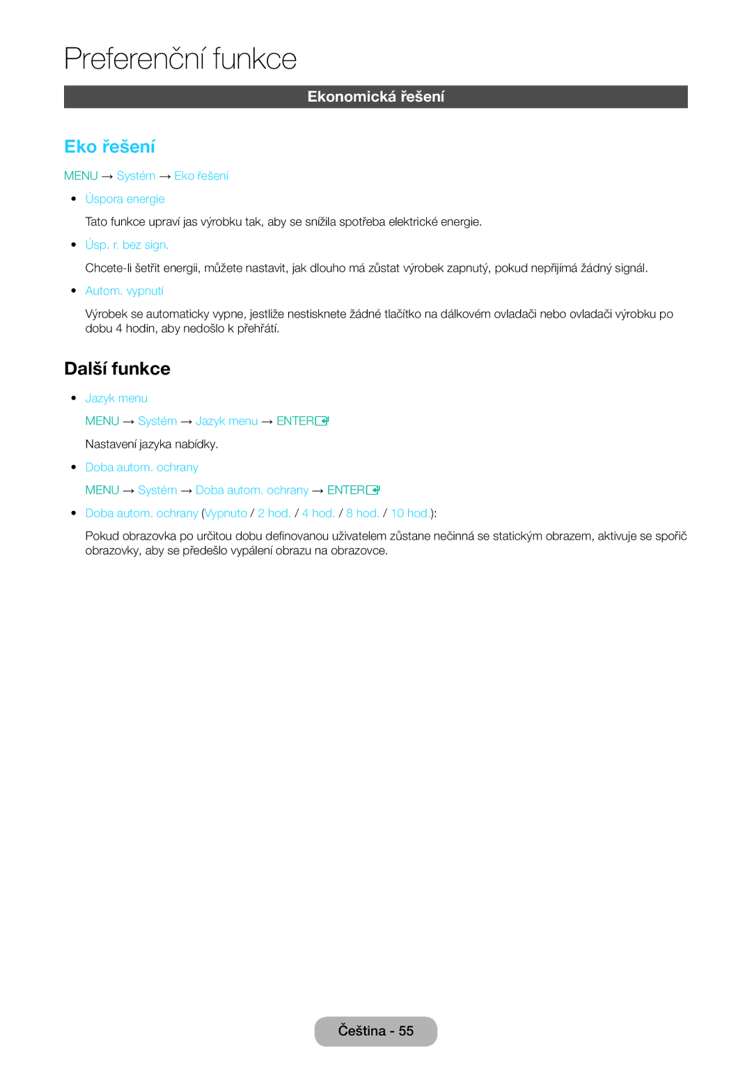 Samsung LT31D310EX/EN, LT31D310EW/EN manual Eko řešení, Další funkce, Ekonomická řešení 
