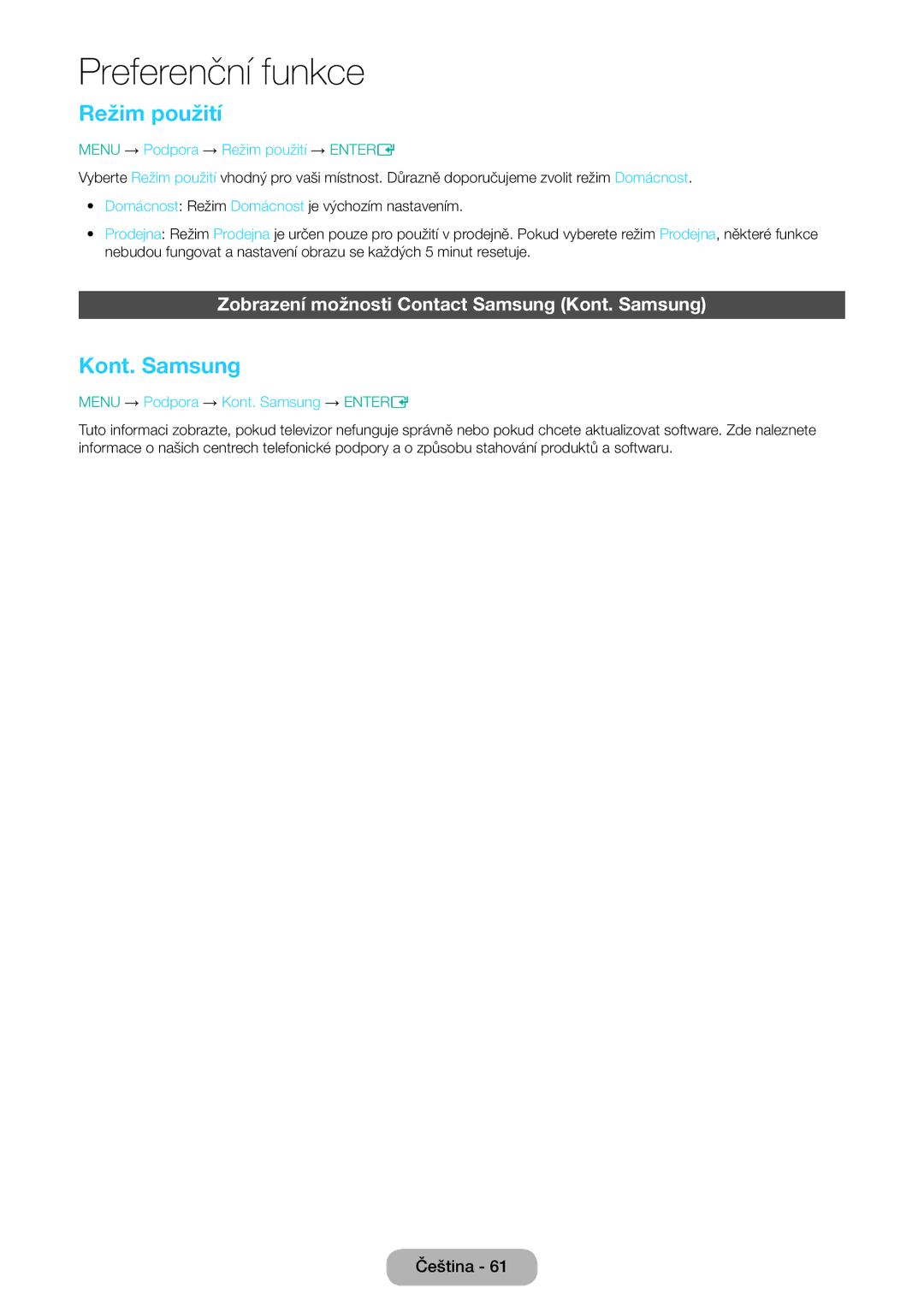 Samsung LT31D310EX/EN, LT31D310EW/EN manual Režim použití, Zobrazení možnosti Contact Samsung Kont. Samsung 