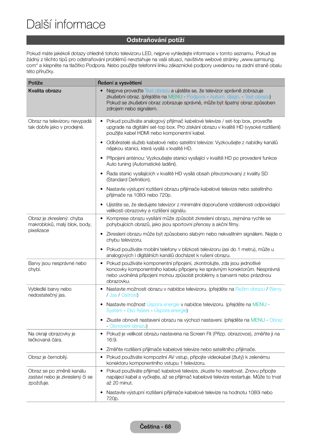 Samsung LT31D310EW/EN, LT31D310EX/EN Odstraňování potíží, Jas / Ostrost, Systém Eko řešení Úspora energie, Obnovení obrazu 