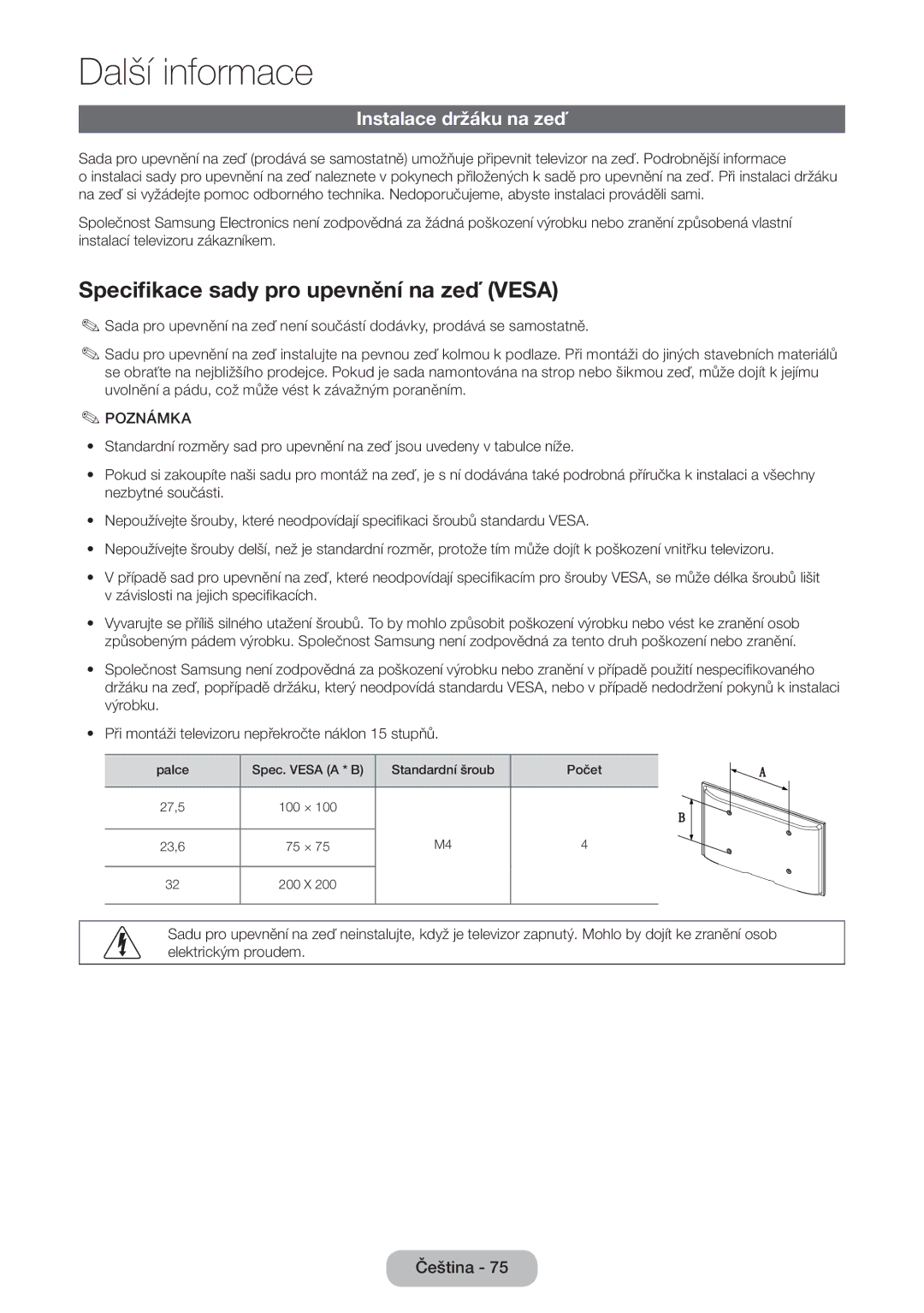 Samsung LT31D310EX/EN, LT31D310EW/EN manual Specifikace sady pro upevnění na zeď Vesa, Instalace držáku na zeď 