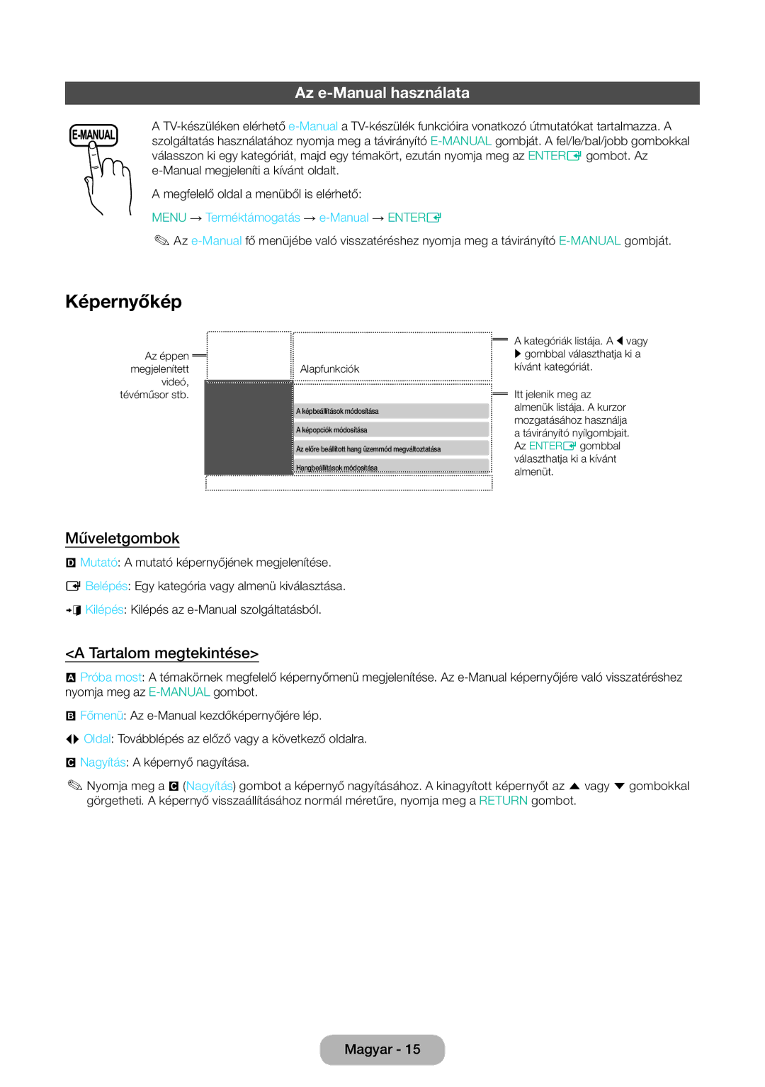 Samsung LT31D310EX/EN, LT31D310EW/EN manual Képernyőkép, Az e-Manual használata, Műveletgombok, Tartalom megtekintése 