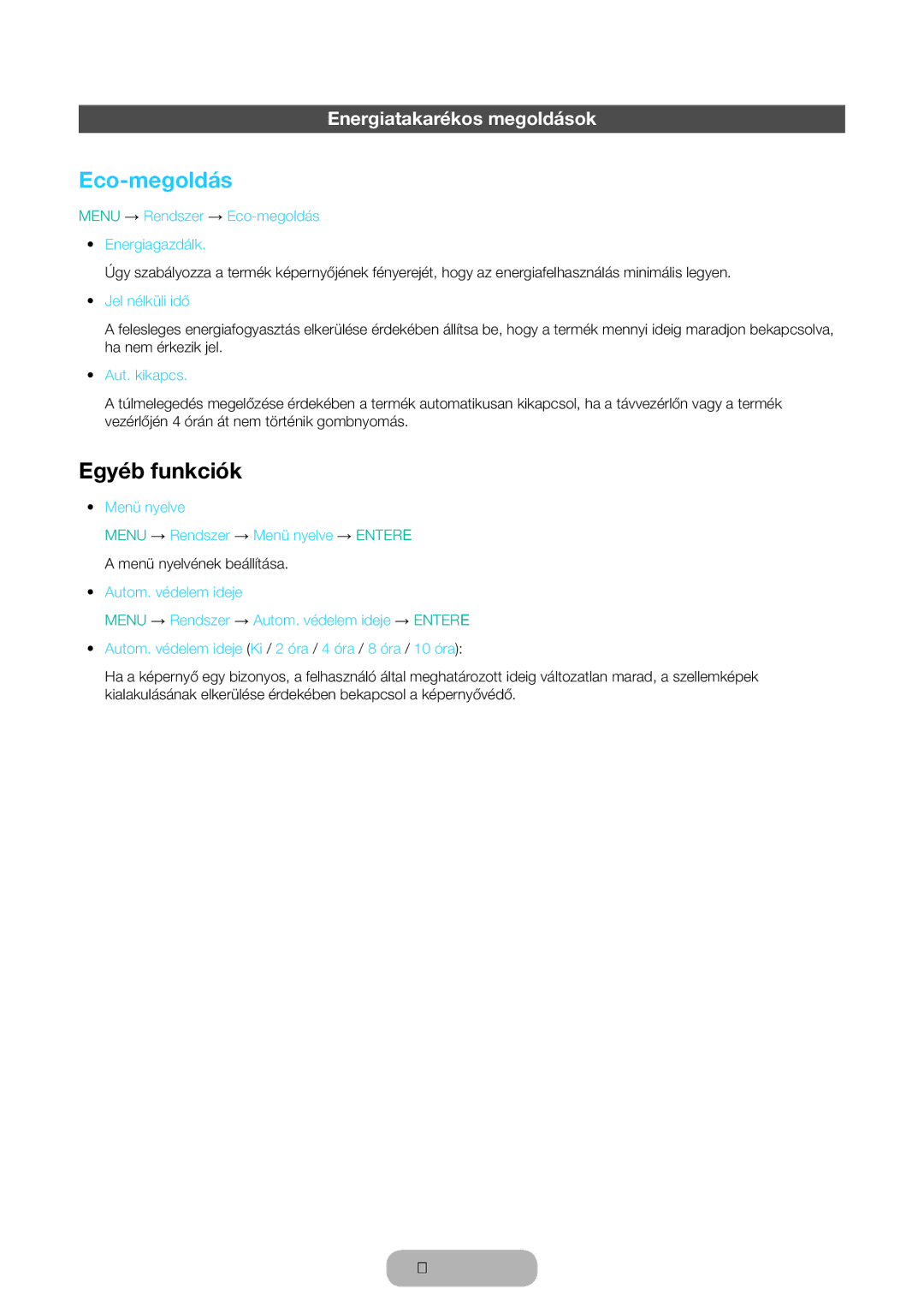Samsung LT31D310EX/EN, LT31D310EW/EN manual Eco-megoldás, Egyéb funkciók, Energiatakarékos megoldások 